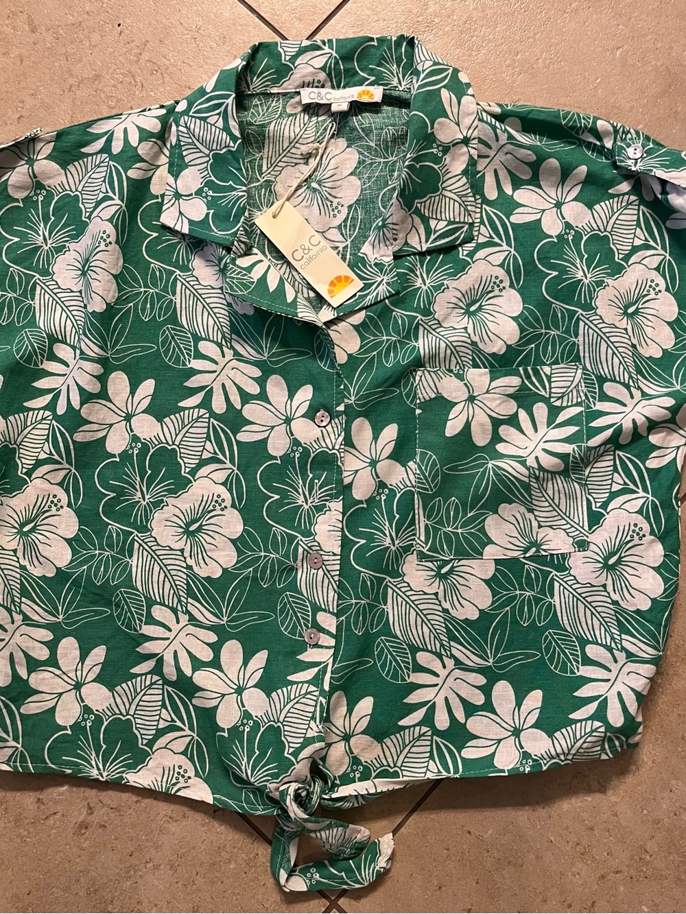 C&C California Green and White Tropical Tie-Front Shirt